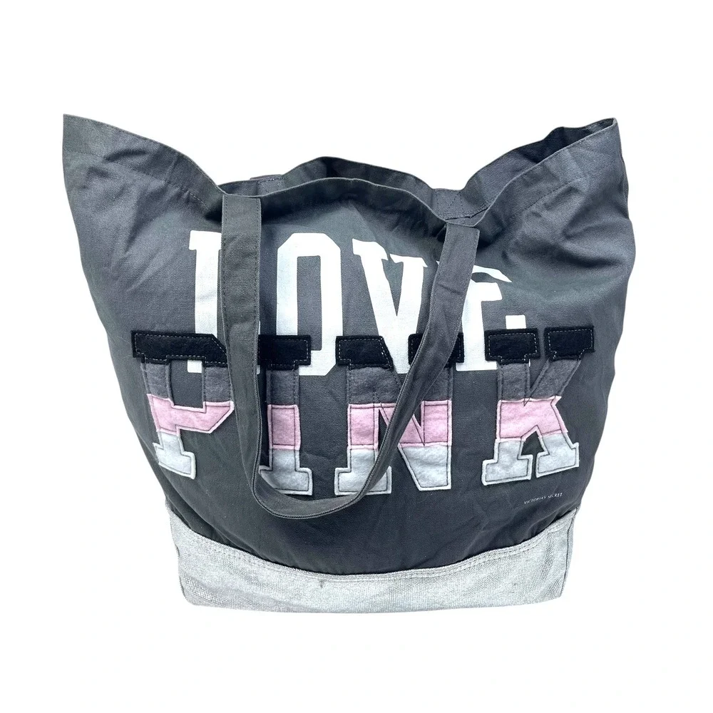 PINK Victoria's Secret Logo Tote Gray Patch Letters Y2K Style Book‎ Bag/Travel